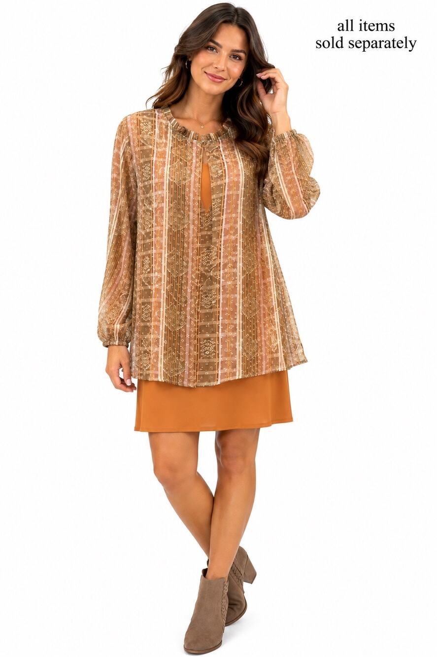 Sheer Boho Blouse Metallic Stripe Artsy Floral Long Sleeve layer packable